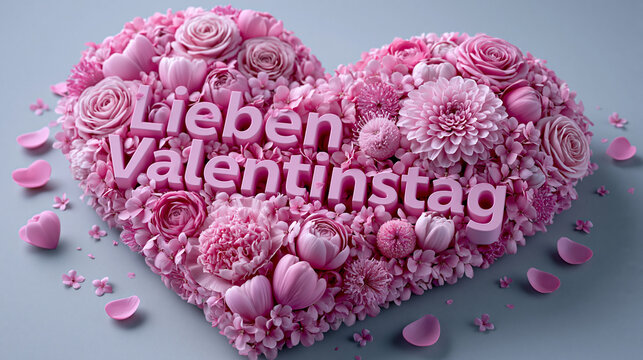 Rosa Blumenherz mit Rosenbl&auml;ttern tr&auml;gt deutschen Schriftzug Valentinstag