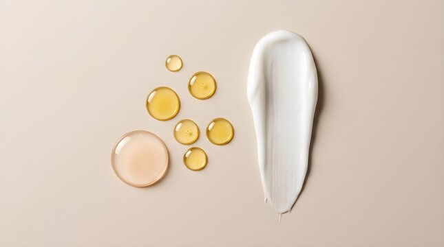 Top view of a white cosmetic cream smear next to several golden yellow oil drops on a neutral beige background surface