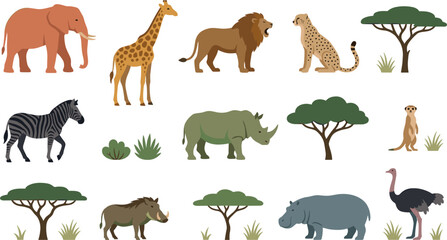 African Safari Wildlife Vector Illustration Set Featuring Elephant Giraffe Lion Cheetah Zebra Rhinoceros Warthog Hippopotamus Meerkat Ostrich and Acacia Trees © MSTSumaiya