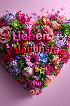 Blumenherz mit rosa Hintergrund und Schriftzug Lieben Valentinstag