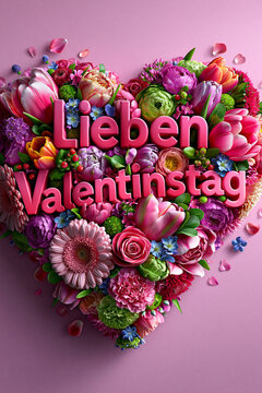 Blumenherz mit rosa Hintergrund und Schriftzug Lieben Valentinstag