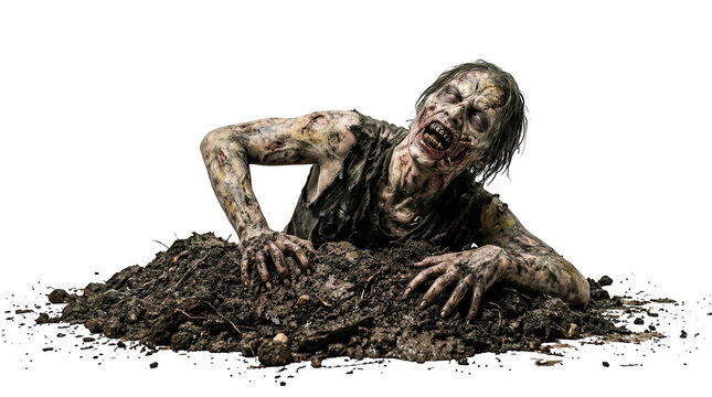 Scary zombie crawling out of a pile of dirt isolated on transparent background