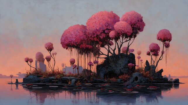 A surreal, dreamlike scene featuring a tranquil lake with pink trees and a rocky island in the distance, evoking a sense of wonder and enchantment.