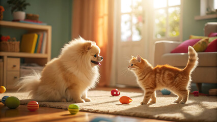Fototapeta na wymiar Pomeranian dog and ginger cat playing together. Cute pets interacting in a sunny living room.