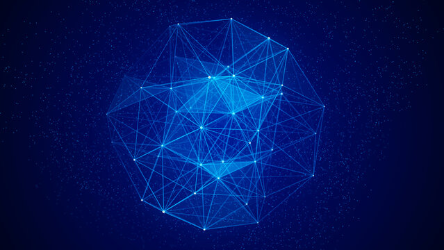 Blue glowing polygon sphere on dark background with connected lines and floating particles. Abstract digital globe for global network, data communication and futuristic technology design.