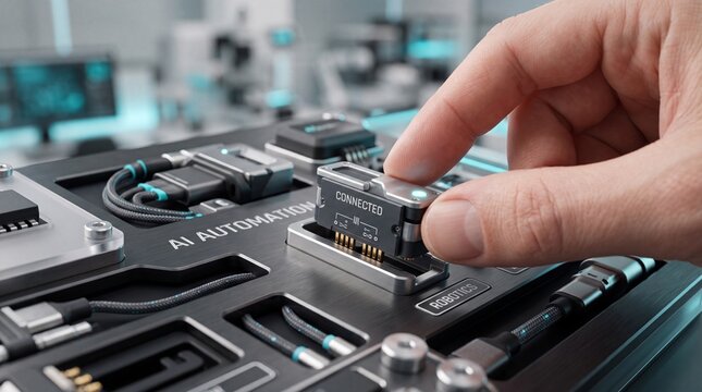 Hand installing automation chip in complex high tech electronic circuit board system with small connected automation