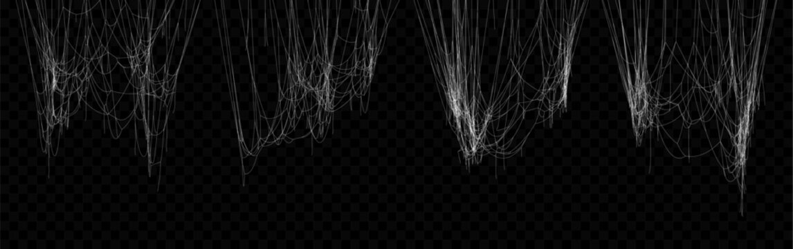 Set of Realistic Vector Hanging White Spider Web. Cobweb for Halloween Design.
