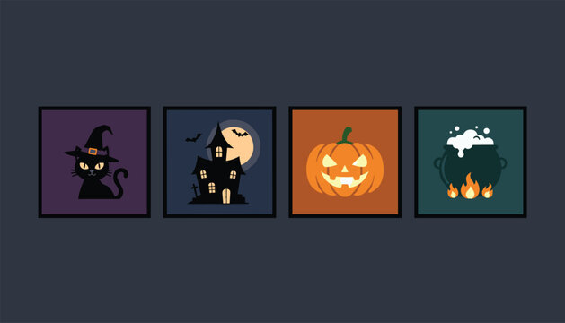Set of four retro pixels style Halloween icons featuring a witch cat, haunted house, pumpkin, and cauldron.