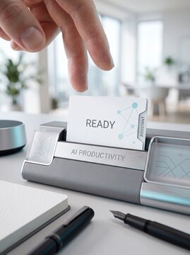 Fingers placing digital assistant card into modern office desk organizer for enhanced workflow management efficiency