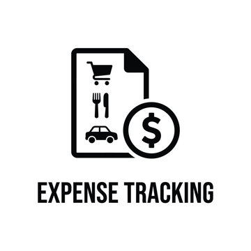Expense tracking icon featuring shopping cart cutlery car and dollar sign on white background accounting application billing black and white budget