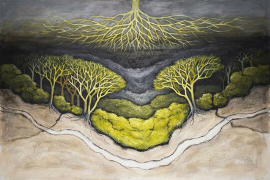 Symmetrical trees with glowing root network above valley, mirrored pathways, surreal nature connection growth balance scene &ndash; flat vector illustration
