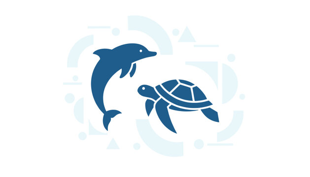 Ocean conservation illustration showing blue silhouettes of a dolphin and sea turtle over light abstract shapes.