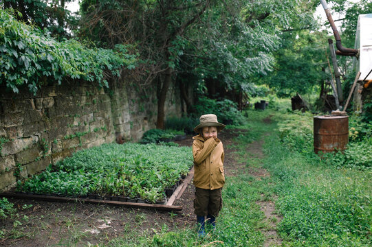 Young boy standing on a park pathway surrounded by greenery