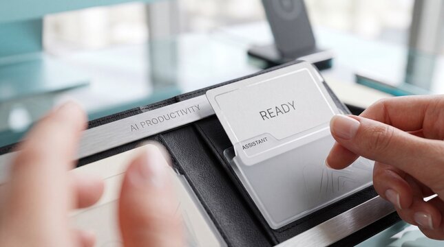 Close up of hands handling business card labeled ready with productivity modern office hands interacting