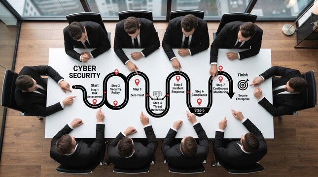 Business executives in meeting discussing a cyber security roadmap plan on boardroom table