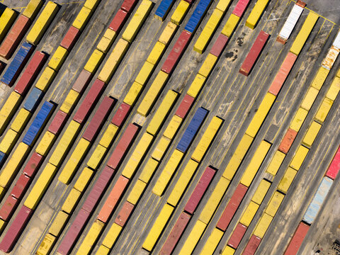 Aerial view showing shipping containers in perama port