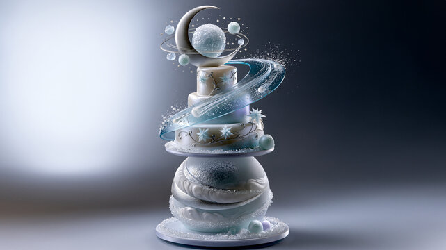 Elegante Torte mit blauem Zuckerguss-Wirbel steht freigestellt auf Sockel