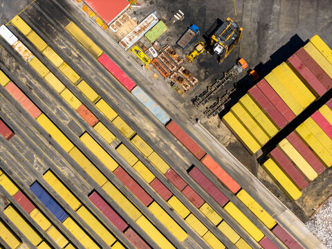 Aerial view of shipping containers in port perama, greece