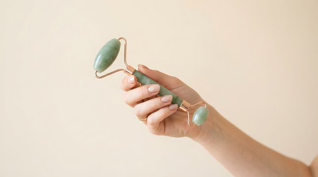 Woman's hand holding a green jade facial roller with rose gold metal frame against a pale background