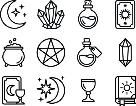 Magic Witchcraft Line Icons Set, Tarot Cards, Crystal, Potion Bottle, Pentagram, Moon, Cauldron, Mystic Esoteric Vector Collection