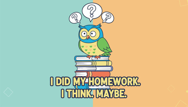Cute cartoon owl sitting on a stack of school books with thought bubbles containing question marks about difficult homework assignments.