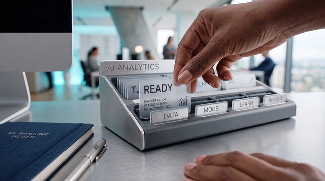 Hand selecting ready data card from ai analytics office desk organizer tray with artificial intelligence