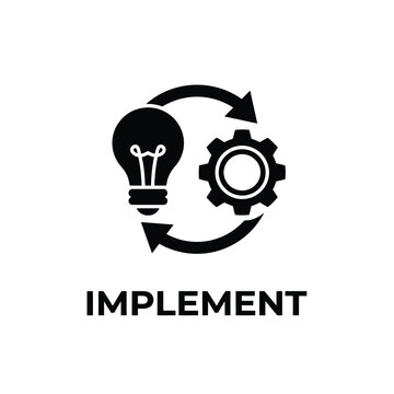 Black silhouette of a lightbulb gear and circular arrows representing implementation on a white background arrow automation bulb concept