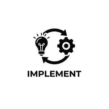 Lightbulb and gear icon with circular arrow representing implementation and innovation in a flat style idea concept bulb cog