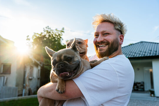 Man Holding Two French Bulldogs At Sunset