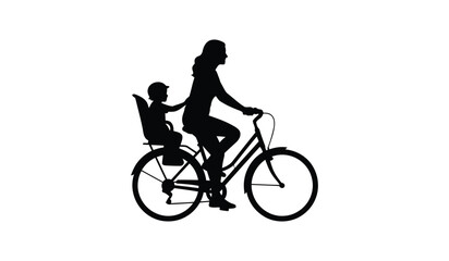 Obraz premium Mother Riding Bicycle with Child in Back Seat Silhouette