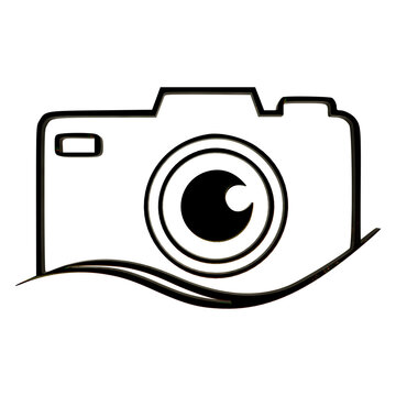 Minimalist camera icon with a stylized wave base, simple black line art design representing photography, media, and creative visual arts concepts isolated on transparent background