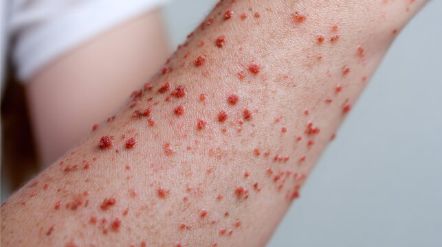 Detailed medical educational illustration of measles viral infectious disease, depicting pathogen characteristics, typical rash symptoms in children and adults, transmission routes, clinical manifesta