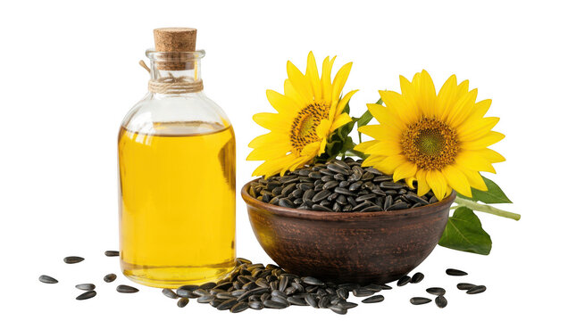 Sunflower oil in a glass bottle with seeds in a bowl and flowers isolated on transparent background