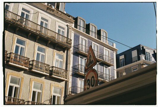 Traditional Azulejo Tiled Building Facades with Balconies, Lisbon