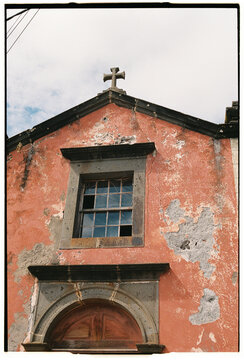 Weathered Pink Church Facade with Stone Cross, Jardim do Mar