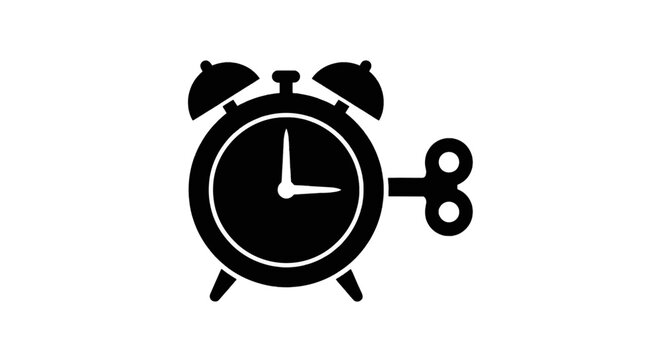 Vector illustration of black icon of an oldfashioned windup alarm clock on a transparent background