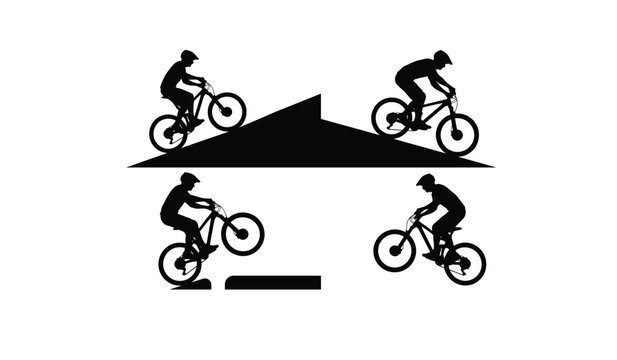 Mountain Biker Silhouette Set Showing Uphill, Downhill, Wheelie, and Jump Action