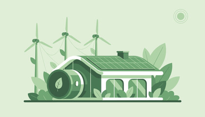 Obraz premium Eco friendly green house illustration with solar panels and wind turbines representing clean sustainable energy.