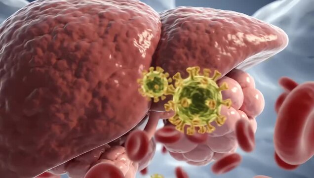 Hepatitis B virus particles drifting toward healthy liver tissue