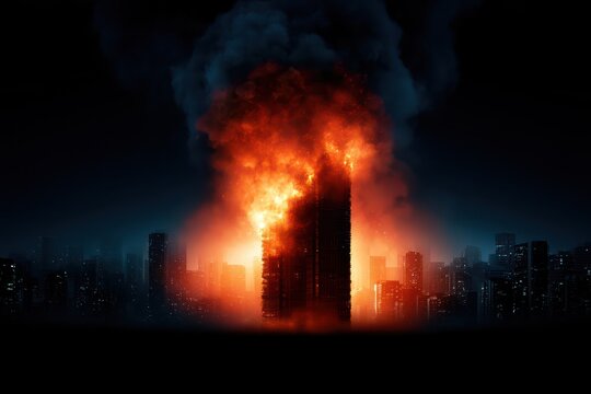 Urban skyscraper fire burning at night