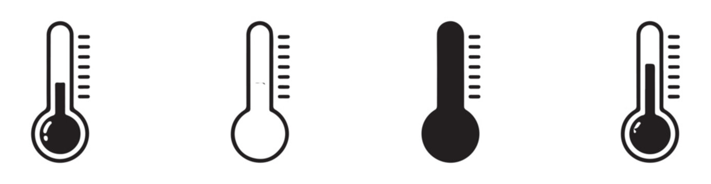 Thermometer icons collection showing various temperature levels in linear and solid styles for reports.