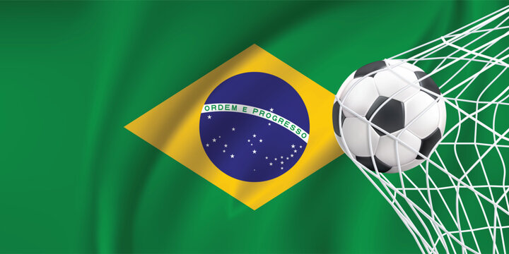 Soccer ball near Brazilian flag and goal net vibrant composition