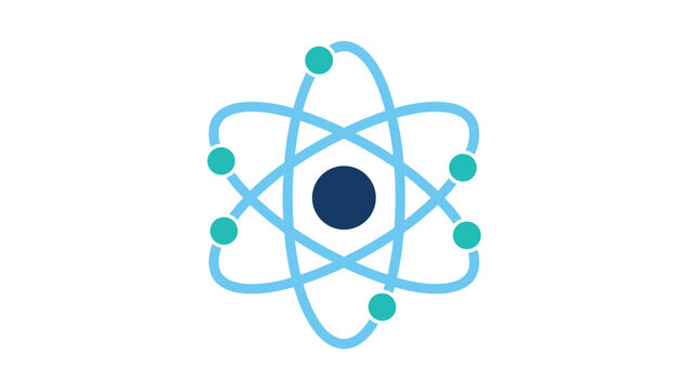 Bright blue and teal atom structure diagram with a dark blue central nucleus representing science and physics.