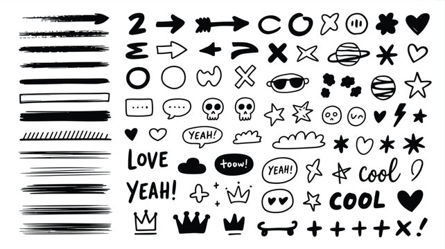 Black and white doodle icons set with symbols and text