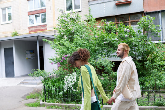 young couple walking in the 