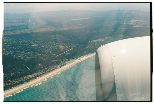 Aerial View of Coastal Landscape with Airplane Engine, Portugal