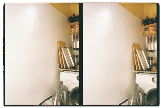 Diptych: Messy kitchen with washing machine