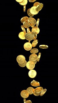 Falling dollar gold coins &ndash; 3d render looped with alpha channel.