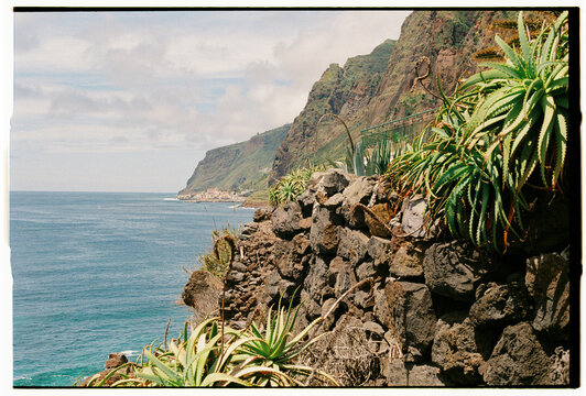 Volcanic Coastline with Aloe Vera and Village, Jardim do Mar