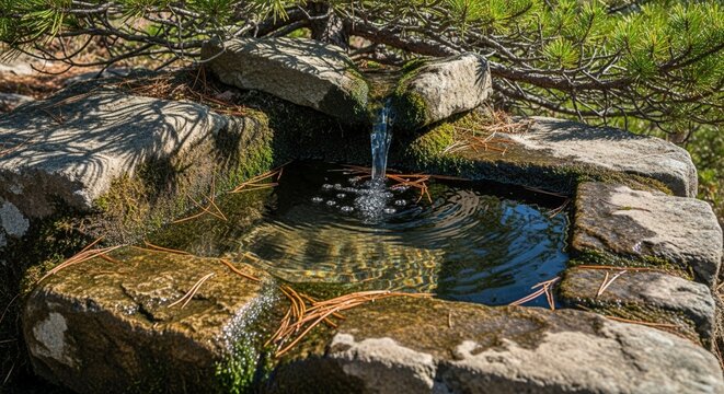 Serene Mountain Spring Stream Flowing into a Natural Stone Basin